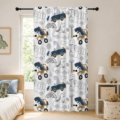 YONGFOTO Dinosaurier Bus Halbtransparente Gardine Kinderzimmer Junge | Cartoon Dino Auto Transportfahrzeuge Lichtfilternde Gardine Jugendzimmer mit Tunnelzug Schlaufen 1 Paneel 107 x 160 cm