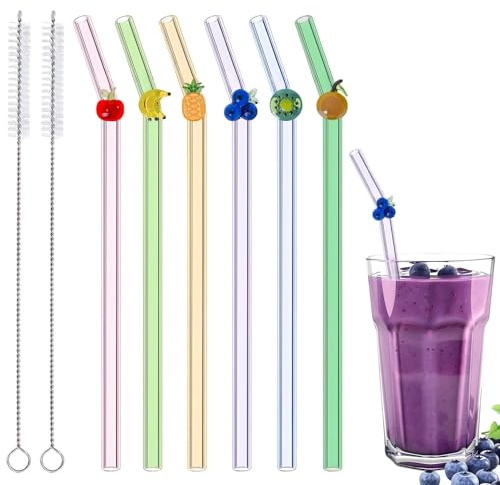 6 Stück Wiederverwendbar Glasstrohhalme, Niedliches Fruchtdesign | Glasstrohhalme mit Motiv, Bunte Glasstrohhalme für Säfte, Cocktails, Strandpartys und Geburtstage