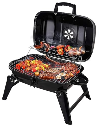 Pobbycrafm Barbecue a Carbonella, Barbecue Portatile a Carbone con Coperchio Griglie Pieghevoli da Tavolo, BBQ Grill Affumicatore for Cucinare All'aperto, Patio, Campeggio, Nero