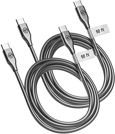 10Ft Anti-Tangle USB-C Charger Cable (2 Pack) Fast Charging (60W) Long 10 Foot Alloy-Braided Metal Type C Cord, Designed for Samsung and iPhone Devices (Gunmetal)