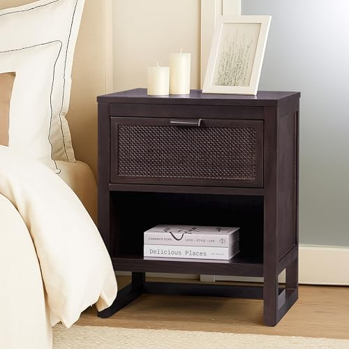 Teamson Home Hatteras 20 W Nightstand with 1 Deep Drawer and Open Shelf Storage in Coastal Modern Style, Ball Bearing Glides, Pine Wood Frames and MDF with Rattan, Black Finish