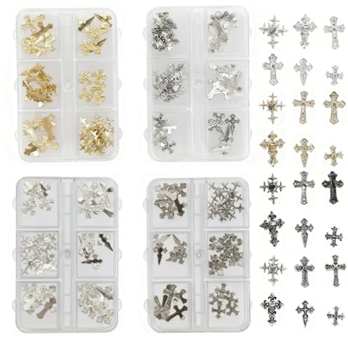 144 Pcs Kreuz Nagel Charms 3D Metall Kreuz Nägel Nail Art Charms Zubehör | Nail Art Charms für Nagelkunst Nageldesign Zubehör für Frauen Mädchen Nailart DIY Dekoration(Gold+Silber+Schwar)