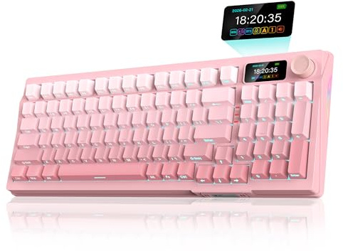 RedThunder K95 Wireless Mechanical Gaming Keyboard,w/Customizable Display & Knob,Gasket-Mounted,3 Mode 2.4G/BT/USB-C,US Layout 95 Keys,Hot Swappable Pink Switch PBT Keycaps,8000mAh Battery