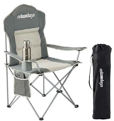 Relaxdays Camping Stuhl, faltbar, Tragetasche, Getränkehalter, 160 kg, Klappstuhl gepolstert, Polyester, Metall, grau