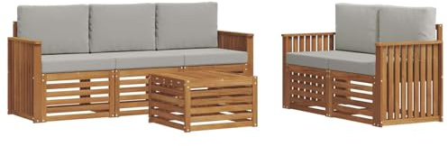 PUGYNBK Ensemble de canapés 6 pièces en bois d'acacia massif avec surface laquée, ensemble de meubles de terrasse en gris naturel et gris clair pour le jardin