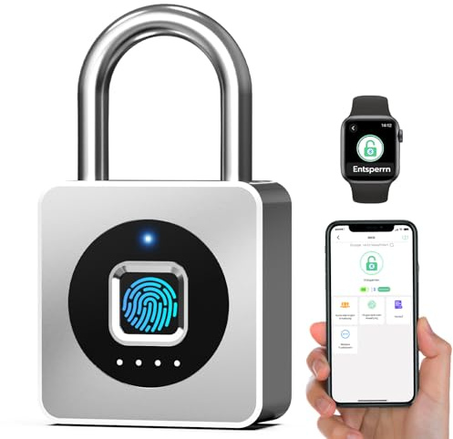 Dhiedas Smart Fingerabdruck Vorhängeschloss für Spinde, mit Bluetooth-App, IP65 wasserdicht, schlüsselloses Edelstahl-Schloss für Außenbereiche, Zäune, Tore, Schulen, Koffer, Schuppen & Garagen-Silber