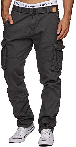 Indicode Herren William Cargohose aus Baumwolle m. 7 Taschen inkl. Gürtel | Outdoorhose Raven, XXL