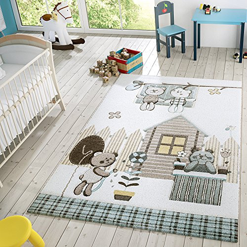 Kinder Teppich Moderner Spielteppich Teddy Welt Pastell Töne In Blau Creme, Größe:120x170 cm