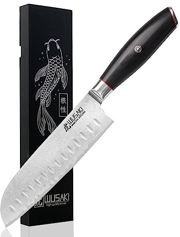 Wusaki Fujiko Black - Couteau Santoku Design Japonais Lame 18cm Acier Inoxydable Haute Teneur Carbone 10Cr - Vendu dans un coffret cadeau