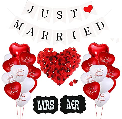 Just Married Hochzeit Deko Set, 500 Rosenblätter, MR und MRS Zeichen, Just Married Girlande Banner, Herzförmige Ballon für Heiratsantrag Verlobungs Wedding Dekoration