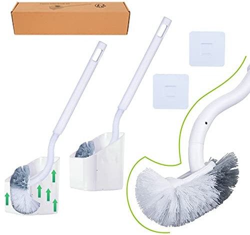 2 Sätze Toilettenbürste, WC-Bürste und Behälter, Klobürste mit randreiniger, Klobürste gebogen, Langer Stiel, Kunststoff-Toilettenbürstenset mit Starken Borsten für Tiefenreinigung(Weiß)