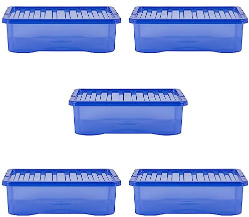 Wham Crystal 5x 32L Plastic Storage Boxes with Lids. Medium Size, Under Bed Storage, Strong, Stackable, Nestable (Pack of 5, 32 Litre). Made in the UK (Tint Spectrum Blue)