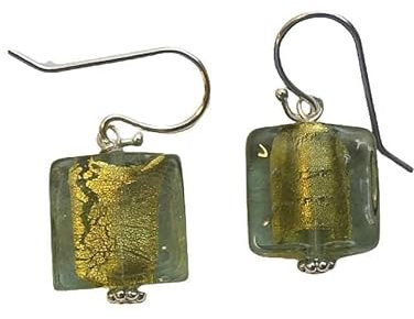 Boucles d'oreilles carrées en argent sterling, verre de Murano, bleu clair, feuille d'or