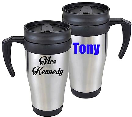 Personalised Custom Travel Mug Stainless Steel Drink Bottle with Screw Lid and Slide Sipper Plastic Interior - Any Name, Word, Business, Sports, School, Promotional Merchandise Teacher Gift