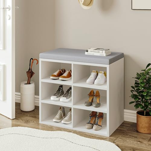 Hzuaneri Schuhbank, Schuhregal mit Sitzfläche, Sitzbank mit Stauraum, Kissen, 6 Fächer, 30 x 60 x 52,7 cm, verstellbare Ablagen, für Wohnzimmer, Flur, Schlafzimmer, weiß-grau SB09903X