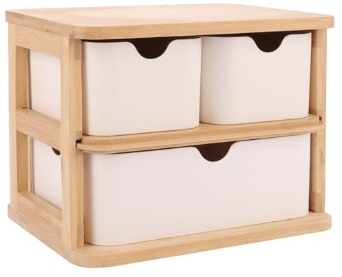 FWEEK Caja de almacenamiento de madera con cajones, organizador de escritorio, organizador de maquillaje de madera con 3 cajones para oficina, hogar, escuela