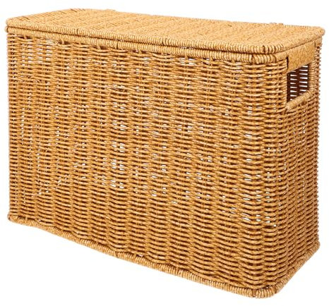 HEMOTON Panier De Rangement Pour Magazines Tissé Porte-Revues En Osier Avec Poignée Et Couvercle Porte-Revues Panier De Rangement Pour Serviettes Présentoir Pour Disque Vinyle Album