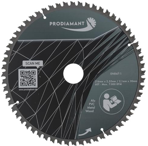 PRODIAMANT Multi Sägeblatt 216 x 30 mm Hartmetallsägeblatt für Holz, Alu, Kunstoff und Laminat mit HM TCT Zähnen für Tischsäge Kappsäge und Kreissäge