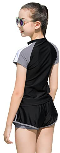 MEILONGER Badeanzug mädchen Badeanzug-Set für Kinder mit Reißverschluss zweiteilig Schwimmshirt Badeshorts Badebekleidung Sonnenschutz-Kit(Schwarz,14-16)