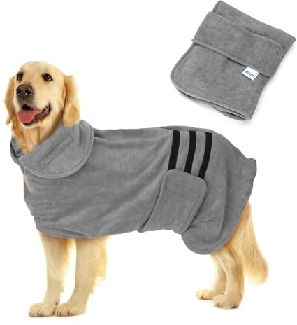 Nobleza Dog Bathrobe XL Dog Drying Coat Dogs Towel Robe Pets Dressing Gown Super Absorbent Pet Puppy Towelling Robe Fast Drying Adjustable Pet Bathrobe Towel for Extra Large Dogs Cat Grey