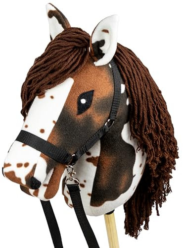 SKIPPI Hobby Horse Braunschecke, Großes Steckenpferd A3, Schecke Hobby Horse mit einem Halfter und Zügeln im Set, Weißes Pferd mit Braunen Flecken, Hobby Horsing Pferd, Stockpferd