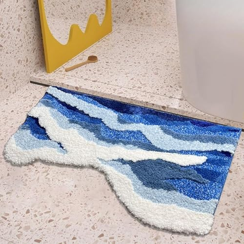 Blaue 3D‑Wellen Badezimmerteppich, TPR Rutschfester Badvorleger 50×80 cm | Weicher Mikrofaser & Saugstarker Badteppich für Badezimmer, Duschausgang, Schlafzimmer‑Bettkante, Küche & Neben Badewanne