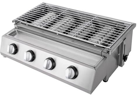Barbecue a gas argento, 4 bruciatori, barbecue da tavolo, a gas, da campeggio, con copertura in acciaio, telaio in rete, griglia a gas GPL, griglia rimovibile in acciaio inox