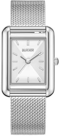 BURKER Damenuhr Olivia, Quadratische Damen Armbanduhr Milanaise-Armband Edelstahl Analog Quarz 3-ATM Wasserdicht - 29 mm - Silber