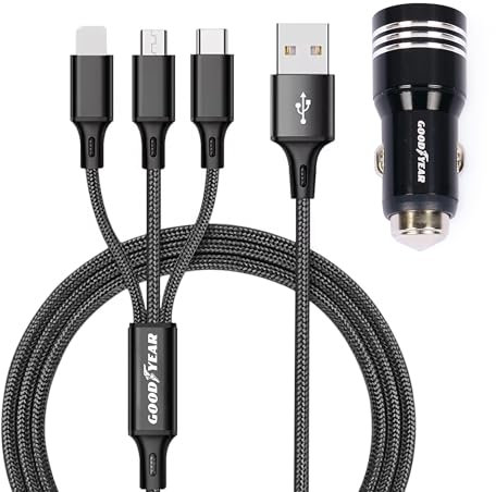 Goodyear 3 in 1 Ladegerät Lightning-Micro USB-USB-C Zigarettenanzünder mit Dual USB Kabel 120 cm für Auto