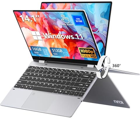 14,1 Ordenador Portátil 2 en 1, PC Portátil 16GB LPDDR4 512GB SSD, Win11 Portatil Celeron N100 CPU, Laptop con Teclado Retroiluminado+Desbloqueo por Huella Dactilar, Pantalla Táctil Giro de 360°