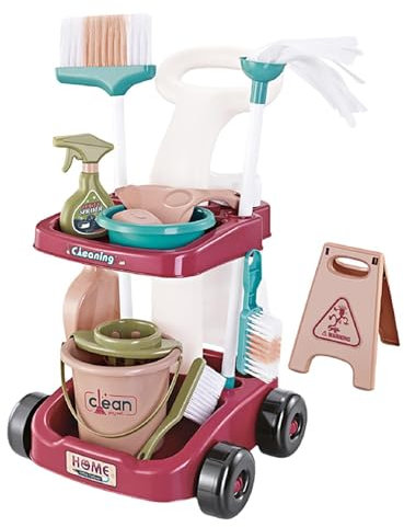 Juego de escoba y fregona para niños, juguete de limpieza para niños, juego de limpieza para el hogar, infantil y kit de limpieza, carrito de limpieza incluido