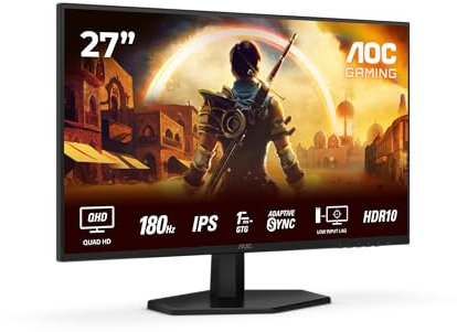 AOC Gaming Q27G42XE Monitor Quad HD da 27 pollici, 180 Hz, 1 ms, FreeSync Prem., G-Sync comp., HDR10 2560x1440, 2x HDMI 2.0, 1x DisplayPort 1.4 nero, 27 pollice QHD, Regolazione altezza - Gsync