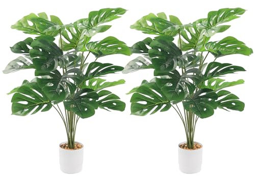 GoldOars 2 Pezzi Pianta Artificiale Monstera 75cm Albero Finte Philo in Vaso Bianco per Decorazione Interna Esterna Ufficio Giardino Soggiorno