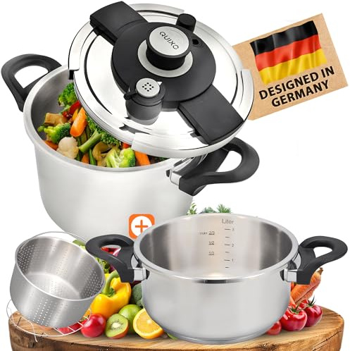 QUIXO Schnellkochtopf 6+4L VitaSmart Dampfkochtopf Induktion | Quicksafe-Verschluss mit Kochsignal, 2 Garstufen (6+4L + Garkorb)
