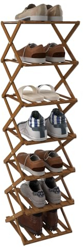 homewell Schuhregal aus Bambus mit 7 Ebenen, vertikales Schuhablage, Faltbares Montagefreies, Schuhregal schmal, aus Vliesstoff, für Flur, Schlafzimmer (Braun)