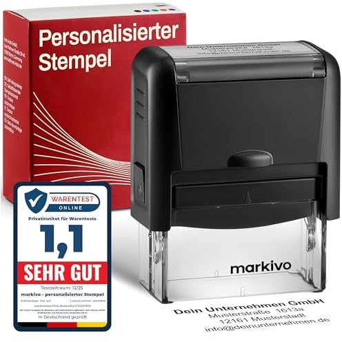 Stempel Personalisiert - Selbstfärbender Firmenstempel (Schwarz, M) | Adressstempel & Namensstempel mit Text, max. 4 Zeilen, 38x14mm, Langlebig für Büros und Unternehmen