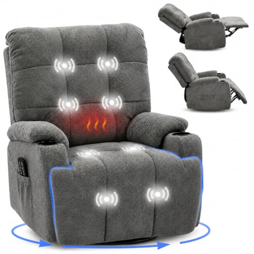 FLEXISPOT Recliner Chair Swivel Rocking Chair with Massage & Heat, Electric Recliner Armchair for Elderly, 270° Swivel Sofa with Oversized Padded Seat, USB Charging, Side Pockets, XR7 CURVE (Grey)