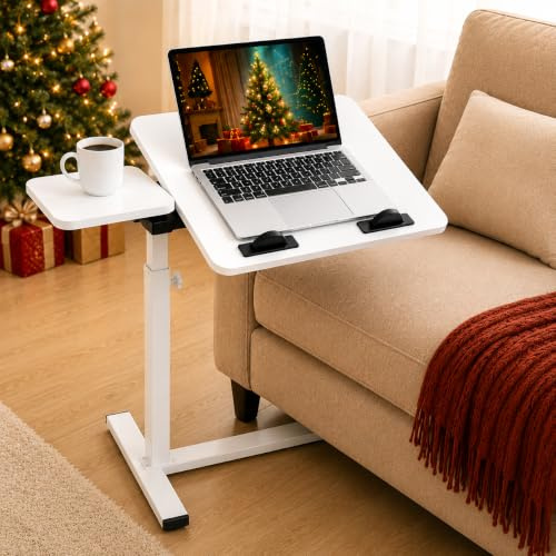 Beistelltisch mit Rollen, höhenverstellbarer Laptoptisch im C-Form Design, mobiler Sofatisch & Betttisch für Sofa, Bett, Wohnzimmer und Homeoffice, Weiß