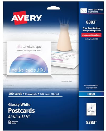 Avery Bedruckbare Postkarten, 10,8 x 14,0 cm, weiß glänzend, 100 Blanko-Postkarten für Tintenstrahl- und Laserdrucker (8383)