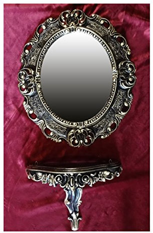 Lnxp Set Schwarz Gold Wandspiegel + Konsole M OVAL Wandkonsole Barock Antik 44x38 Flur Eingangsmöbel Möbel Konsole Ablage Spiegel Wandregal 45SET