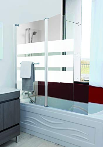 ONDÉE, Pare-baignoire MISSI 2V, Sérigraphie 3 bandes blanche, 80x140cm, Epaisseur 4mm, Installation réversible, Profilé ajustable blanc (-5/+5mm), Pivots en zinc, Verre trempé