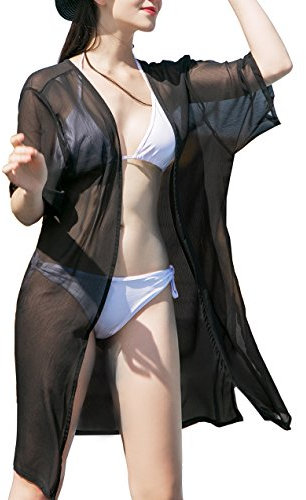 Sommer Chiffon Solide Pareos für Frauen, Damen Sehen Durch Strand Kimono Cardigan Cover up Sommerkleider für Bikini(One Size,Schwarz)