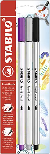 STABILO - Premium-Filzstift mit Pinselspitze für variable Strichstärken - Pen 68 brush - 3er Pack - lila, mittelgrau, schwarz