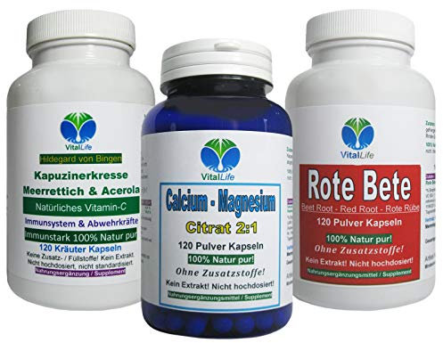 3x 120 Kapseln Immunstark Vitamin-C + Calcium & Magnesium 2:1 + Rote Beete - Immunsystem & Abwehrkräfte + Knochen Knorpel Gelenke + Eisen & Folsäure - NATUR pur - ohne ZUSATZSTOFFE. 26760-120