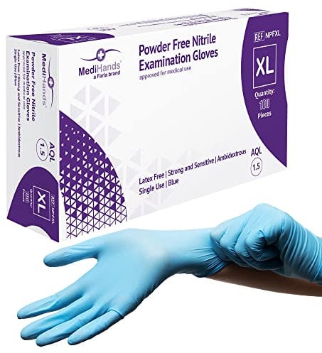 MediHands Nitrile Gloves X Large, Blue Heavy Duty Disposable Glove and Surgical Gloves, Powder Free and Latex Free, Medical, Food, Multi Use, Pack of 100