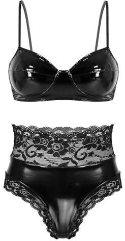 Agoky Damen Glänzend Lack Leder BH und Low Rise Slip String Tanga Bikini Dessous Set Erotische Lingerie Nachtwäsche Schwarz J M