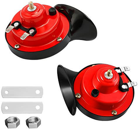 2PCS 300DB Super Loud Train Horns, 12V Waterproof Air Horns Replacement Kit, Car Air Electric Snail Double Horn, Automotive Accessories Universal for Car, Motorcycle, Truck, Bike, Boat (Red)