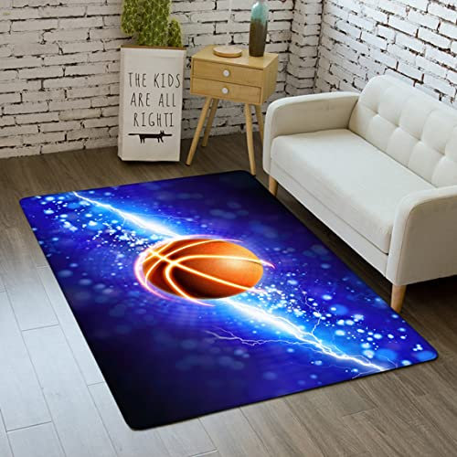 Xisnuient Teppiche Sternenhimmel Graffiti Feuer Flamme Basketball Teppich Kinderzimmer Spielunterlage 3D Sport Fußball Schlafzimmer Wohnzimmer Fußmatten Familie Willkommen Matte (Blau,140x180 cm)