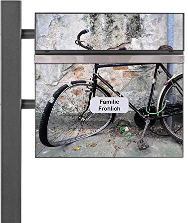 banjado® Standbriefkasten Anthrazit mit Namensschild Nostalgie Rad & Zeitungsfach/Briefkasten mit Standfuß in Anthrazit/Postkasten A4 Einwurf inkl. Montagematerial & 2 Schlüsseln