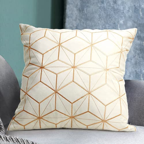 StarVel Home Amazon Samt Kissenbezug Luxuriöse Moderne Sofakissen Dekokissen Goldene Stickerei Kissenbezüge Dekorativer Zierkissenbezug Sofa Couch Büro Bett Kissenhülle 40x40 cm Weiß Creme